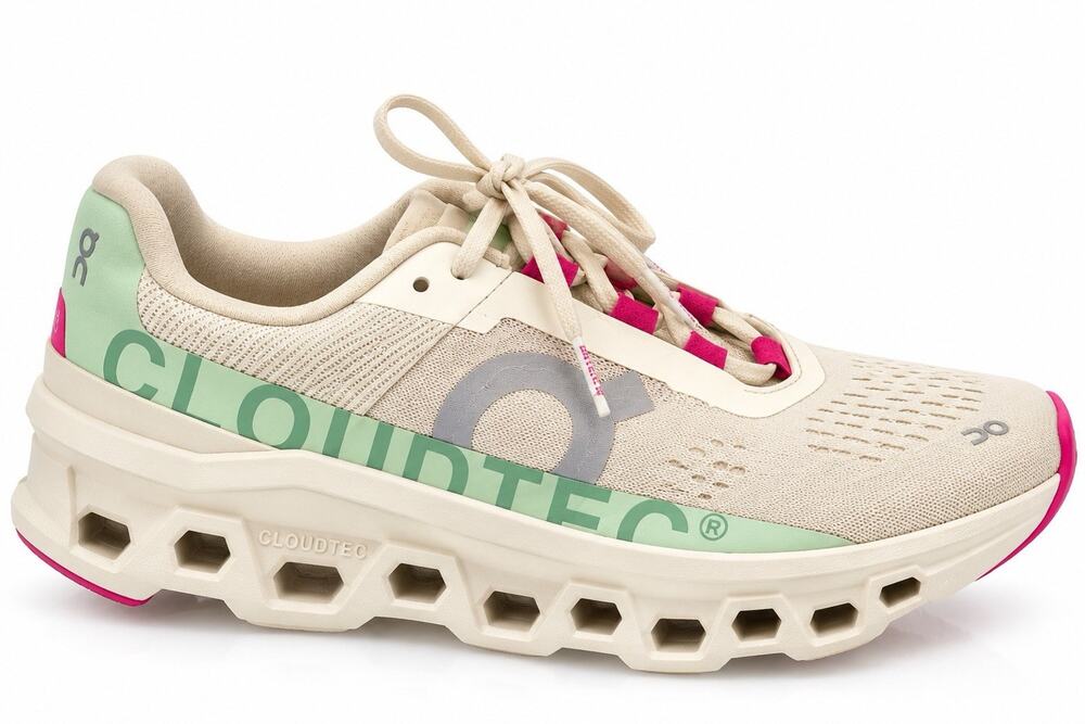 On Cloud Cloudmonster Women 7.5 Running Shoes Cream Mint Pink CloudTec Sneakers